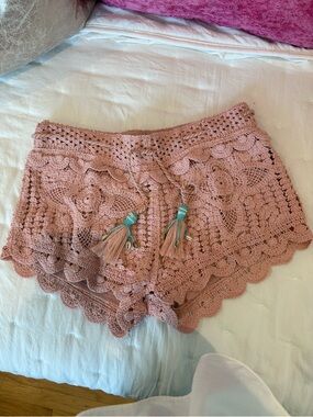 Surf Gypsy Crochet Lace Shorts in Dusty Pink with Tassels